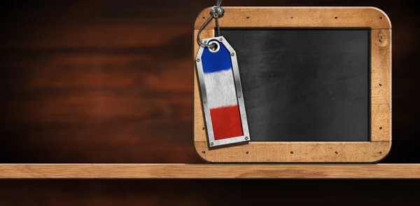 Empty Blackboard Wooden Frame Copy Space Metal Label French Flag — стоковое фото