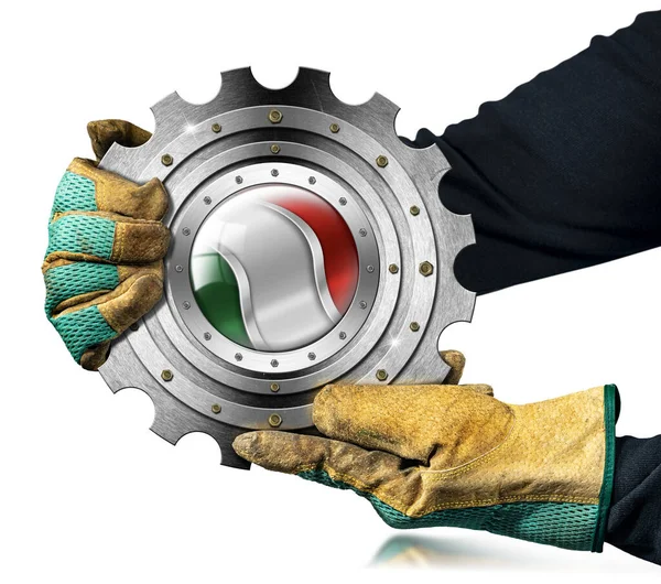 Pracownik Fizyczny Rękawiczkach Roboczych Metalowym Kołem Zębatym Flagą Włoch Flaga — Zdjęcie stockowe