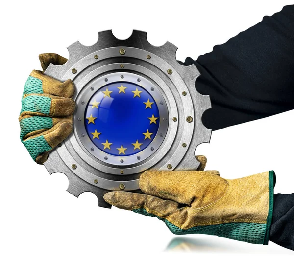 Manuální Pracovník Pracovními Rukavicemi Kovovým Ozubeným Kolem Vlajkou Evropské Unie — Stock fotografie