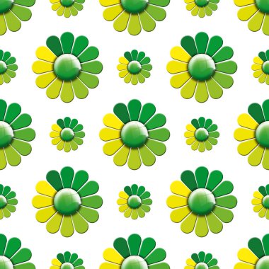 Beyaz arka planda yeşil ve sarı çiçekli pürüzsüz desen. 3B illüstrasyon.