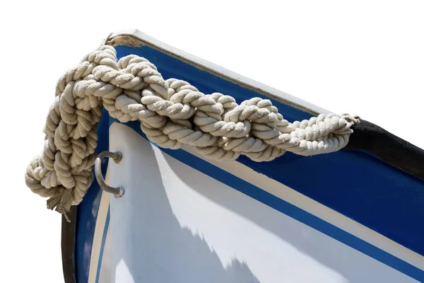 Primer Plano Pequeño Barco Recreativo Blanco Azul Con Halcón Aislado — Foto de Stock