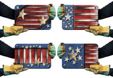 Beyaz arka planda izole edilmiş, ABD (Amerikan bayrağı) ABD 'nin metal ulusal bayrağını taşıyan koruyucu iş eldivenleriyle manuel işçi. Koleksiyon.