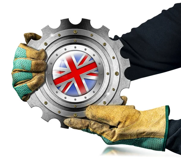 Manual Worker Work Gloves Holding Metallic Cogwheel National Flag Union — Stock Photo, Image