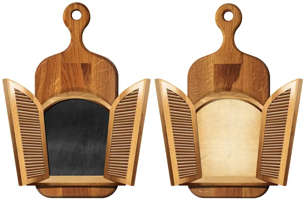 Zwei Alte Holzschneidebretter Mit Offenen Fenstern Tafel Und Blatt Papier — Stockfoto