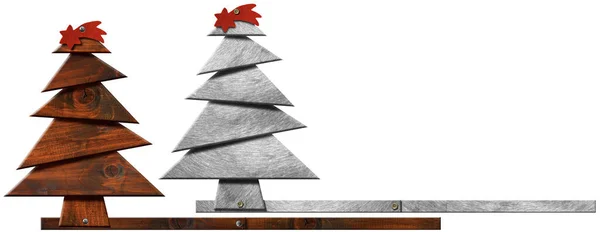 Kırmızı Kuyruklu Yıldızlı Küçük Ahşap Metalik Noel Ağaçları Beyaz Arka — Stok fotoğraf