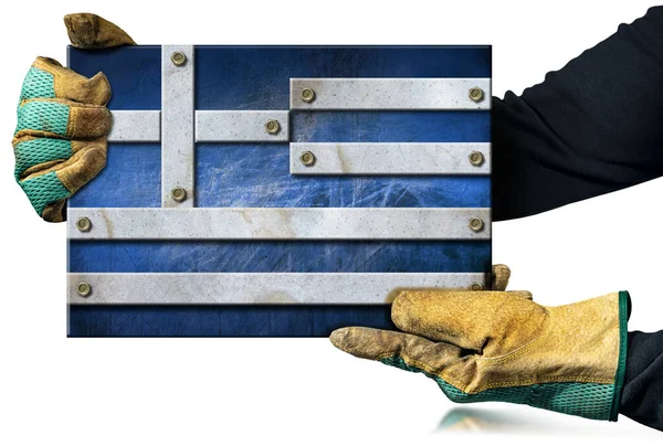 Arbeiter Mit Schutzhandschuhen Die Eine Metallene Nationalflagge Griechenlands Griechische Flagge — Stockfoto