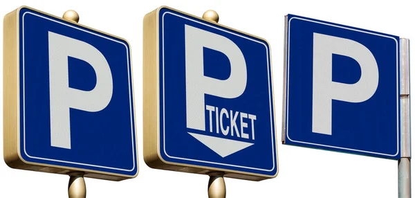 Trzy Niebieskie Znaki Parkingowe Literą Bezpłatny Parking Wskaźnik Parkowania Odizolowany — Zdjęcie stockowe