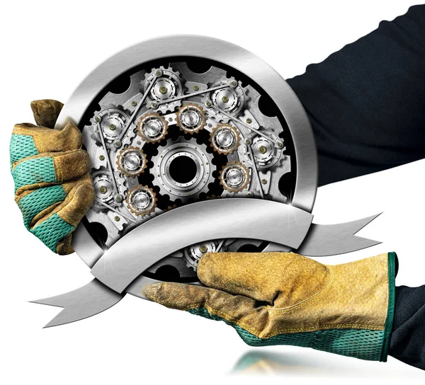 带防护工作手套的手 手持圆形金属图标或符号 有许多齿轮 齿轮齿轮 与白色背景隔离 有复制空间 — 图库照片