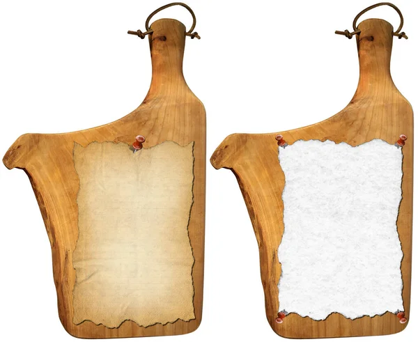 Dvě Staré Dřevěné Řezací Desky Prázdným Listem Papíru Pergamen Izolované — Stock fotografie