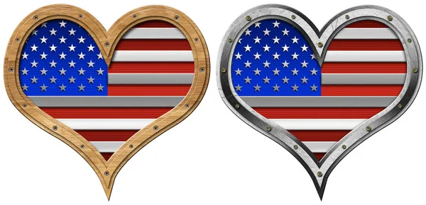 金属と木製のフレームとアメリカ合衆国の国旗の心の中で アメリカ合衆国 アメリカの旗 白い背景に隔離された 愛のアメリカの概念 3Dイラスト — ストック写真