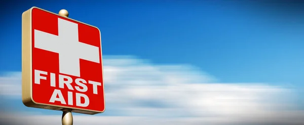 Close-up of a modern red and white First Aid Sign against a clear blue sky and clouds in motion. Photography.