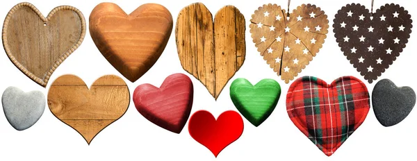 Group Hearts Made Wood Stone Cloth Metal Wood Isolated White — Stock Photo, Image