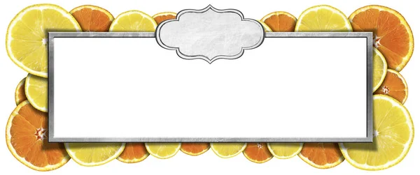 Cadre Rectangulaire Métal Étiquette Vierge Dessus Groupe Tranches Citron Orange — Photo