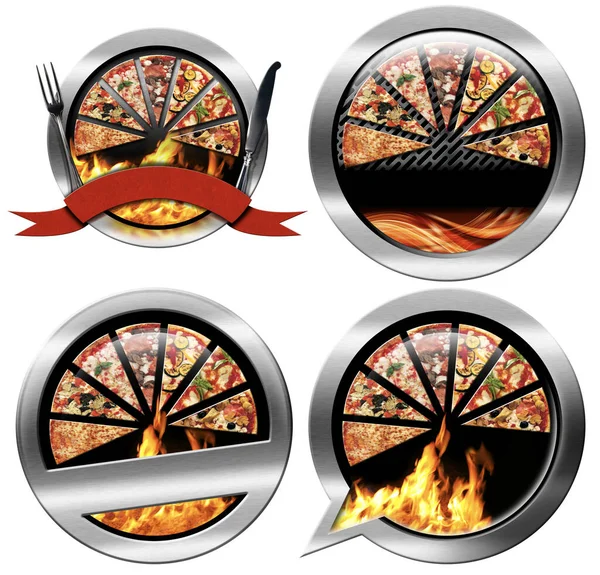 Metal icons or symbols with pizza slices and copy space, isolated on white background. 3D illustration and photography. Pizzeria logo.