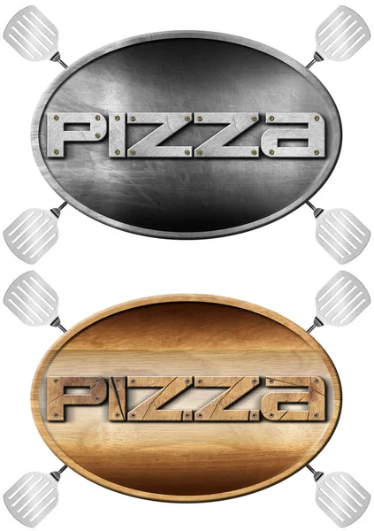 白い背景に隔離されたテキストピザと4つのスパチュラで金属と木製のシンボル 3Dイラスト ピッツェリアのロゴ — ストック写真
