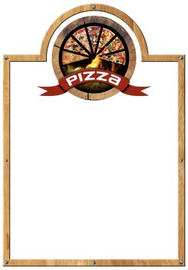 Pizza Menüsü şablonu. Tahta çerçeve ve ahşap sembol pizza dilimleri, alevler ve kırmızı kurdele ile yazılı pizza, beyaz arka planda izole edilmiş ve uzay kopyalama.