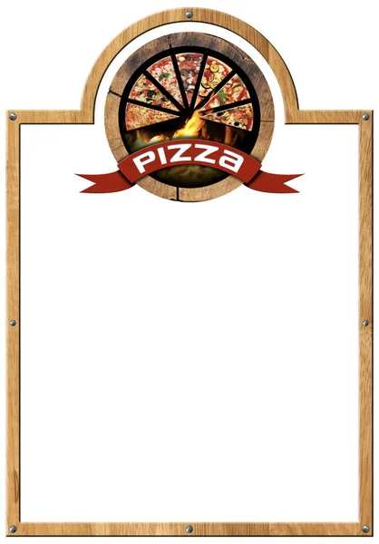 ピザメニューのテンプレート 木枠とピザのスライスと木製のシンボル 炎とテキストピザと赤いリボン 白い背景とコピースペースに隔離されました — ストック写真