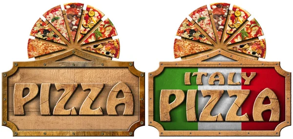 木の看板にピザのスライスとテキストピザとイタリアのピザ イタリアの旗 白い背景に隔離された — ストック写真