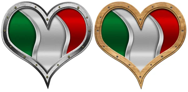 Hearts Metal Wooden Frame National Flag Italy Italian Flag Isolated — Stock Photo, Image