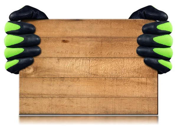 Stolarz Ochronnymi Rękawicami Roboczymi Trzymający Brązową Drewnianą Deskę Paski Odizolowany — Zdjęcie stockowe