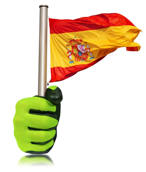 手持防护工作手套的体力劳动者 手持悬挂在旗杆上的西班牙国旗 Rojigualda 与白色背景隔离 西班牙 — 图库照片