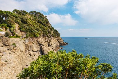 Portofino köyünün önündeki Rocky sahili ve Akdeniz (Ligurian Denizi). Cenova, Liguria, İtalya ve Avrupa 'daki lüks turizm beldesi.