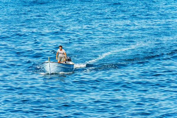 Spezia Italy July 2022 Adult Man Small Wooden Motorboat Runs — стокове фото