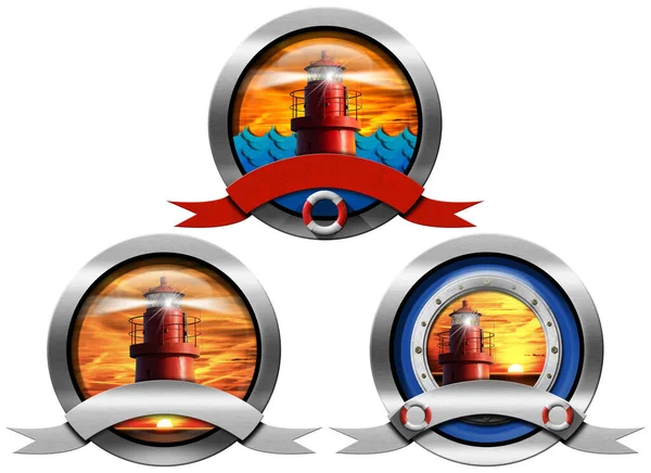 Trzy Okrągłe Metalowe Symbole Lub Ikony Czerwoną Latarnią Morską Wiązką — Zdjęcie stockowe