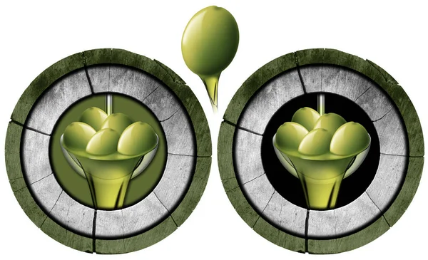 两个圆形木制标志与绿色橄榄 橄榄油和复制空间 独立于白色背景 3D图像和摄影 — 图库照片