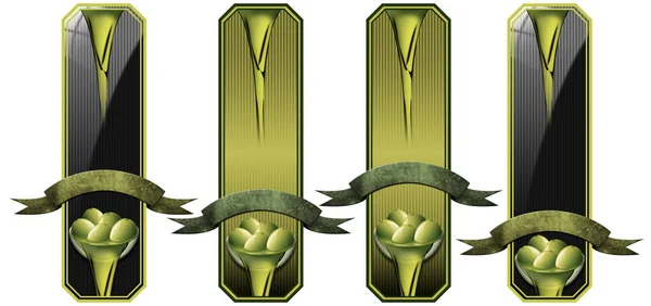 收集四个带有复制空间的垂直橄榄油标签 在白色背景上分离 3D插图 — 图库照片