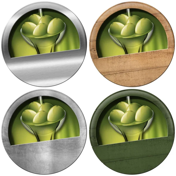 Kolekcja Czterech Drewnianych Metalicznych Okrągłych Znaków Zielonymi Oliwkami Oliwą Oliwek — Zdjęcie stockowe