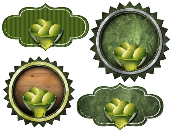 Verzameling Van Vier Etiketten Met Groene Olijven Olijfolie Kopieerruimte Illustratie — Stockfoto