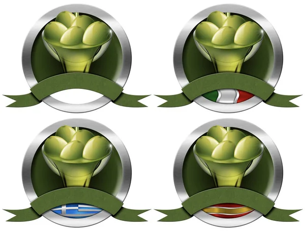 收集四个金属圆形标志与绿色橄榄 橄榄油和复制空间 独立于白色背景 3D插图 意大利 希腊和西班牙国旗 — 图库照片