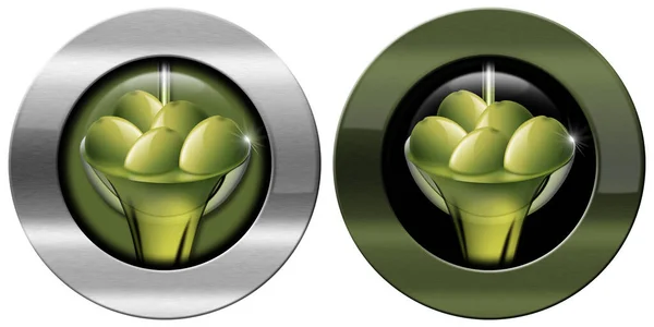 Two Metallic Signs Green Olives Olive Oil Copy Space Isolated — Stock Photo, Image