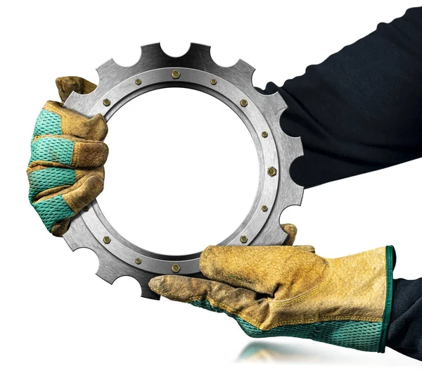 Manual Worker Protective Work Gloves Holding Empty Metallic Cogwheel Gear — Stock Photo, Image