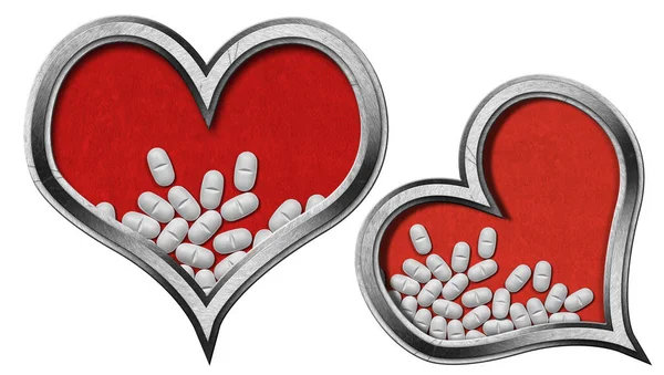 Zwei Herzen Mit Metallrahmen Und Weißen Pillen Auf Rotem Samtgrund — Stockfoto