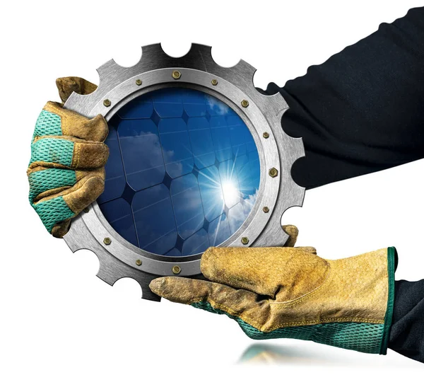 Trabalhador Manual Com Luvas Trabalho Proteção Segurando Uma Roda Metálica — Fotografia de Stock