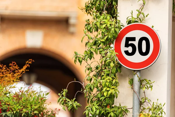 Close Modern Road Sign Speed Limit Kmh Kilometers Hour Downtown — Stock Photo, Image