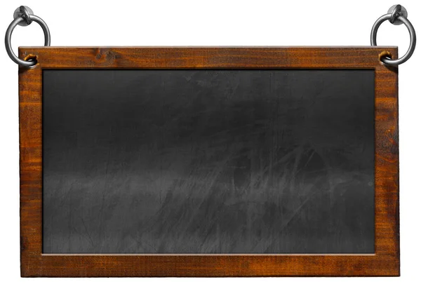 木製の長方形のフレームとハンギング用鋼リングと古い空白の黒板 白い背景とコピースペース テンプレートに分離 — ストック写真