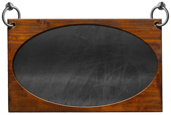 木製の楕円形のフレーム 楕円形 とハンギング用鋼リングと古い空白の黒板 白い背景とコピースペース テンプレートに分離 — ストック写真