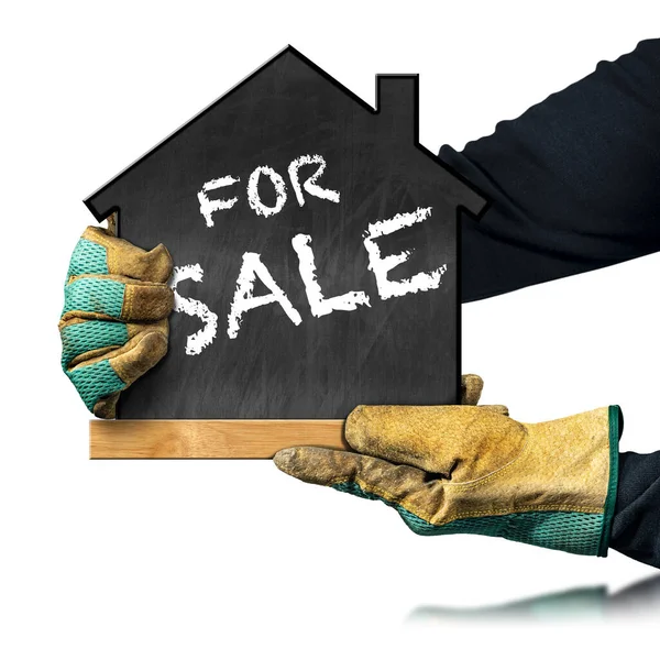 Hands Protective Work Gloves Holding Blackboard Shape Small House Text — Stock Photo, Image