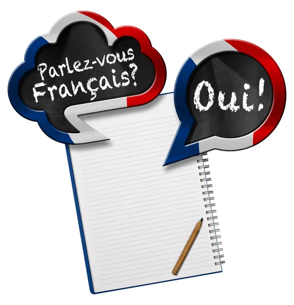 Два Речевых Пузыря Французским Флагом Вопросом Parlez Vous Francais Будет — стоковое фото