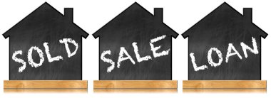 Satılmış, satılmış, kredi verilmiş, karatahta şeklindeki üç model evin üç boyutlu çizimi. Kopya alanı ile beyaz arkaplanda izole.