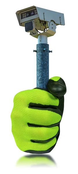 Hand Met Beschermende Werkhandschoen Met Een Moderne Flitspaal Verkeerscamera Geïsoleerd — Stockfoto