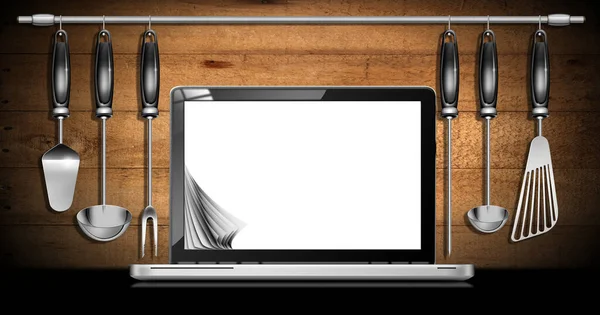 Leerer Laptop Mit Kopierraum Und Einem Satz Küchenutensilien Aus Edelstahl — Stockfoto