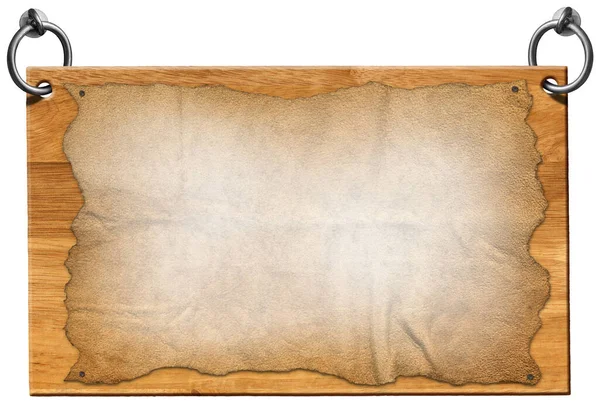 Dřevěný Znak Prázdným Pergamenem Starý Papírový List Ocelovými Kroužky Pro — Stock fotografie