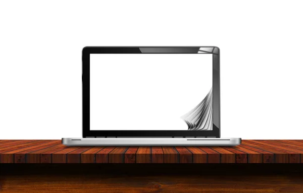 Pusty Laptop Kręconymi Pustymi Stronami Drewnianym Stole Licznik Lub Biurko — Zdjęcie stockowe