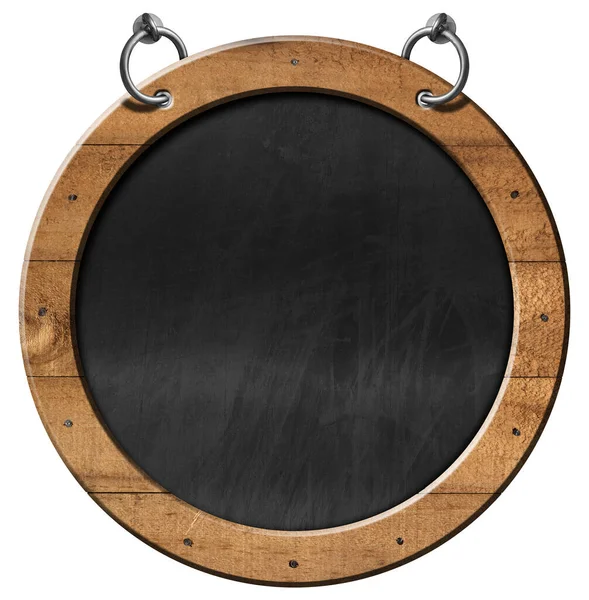 旧的空白黑板 有木制圆形框架 和用于悬挂的钢圈 独立于白色背景和复制空间 — 图库照片
