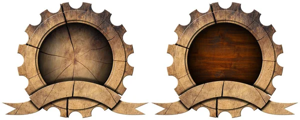 Two Blank Wooden Cogwheels Gears Empty Wooden Ribbon Copy Space — Stock Photo, Image