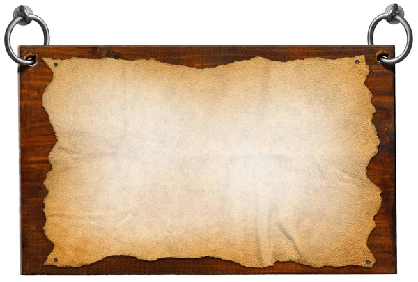 Holzschild Mit Blankem Pergament Altes Papierblatt Und Stahlringen Zum Aufhängen — Stockfoto